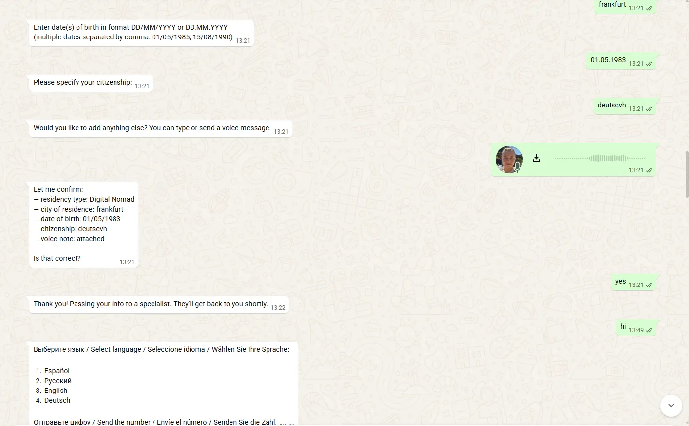 Testdialog des WhatsApp-Bots